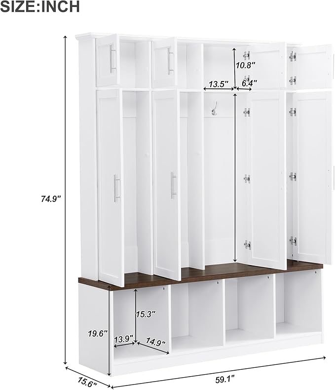Multi-Functional Hall Tree with 4 Hidden Hanging Hooks, Brown Wood Grain Bench with Multiple Storage Space, Entryway Cabinet with Open Compartments for Living Room, Hallway (White-15.6)