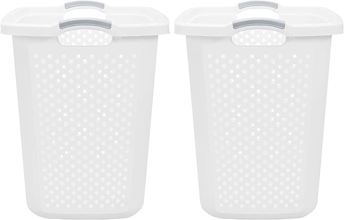 2-Pack 2.5 Bushel Large White Plastic Laundry Baskets - Heavy Duty Hamper with 4 Handles & Ventilation Holes, Space-Saving Storage for Laundry Room, Apartment, Dorm, Bedroom, Bathroom