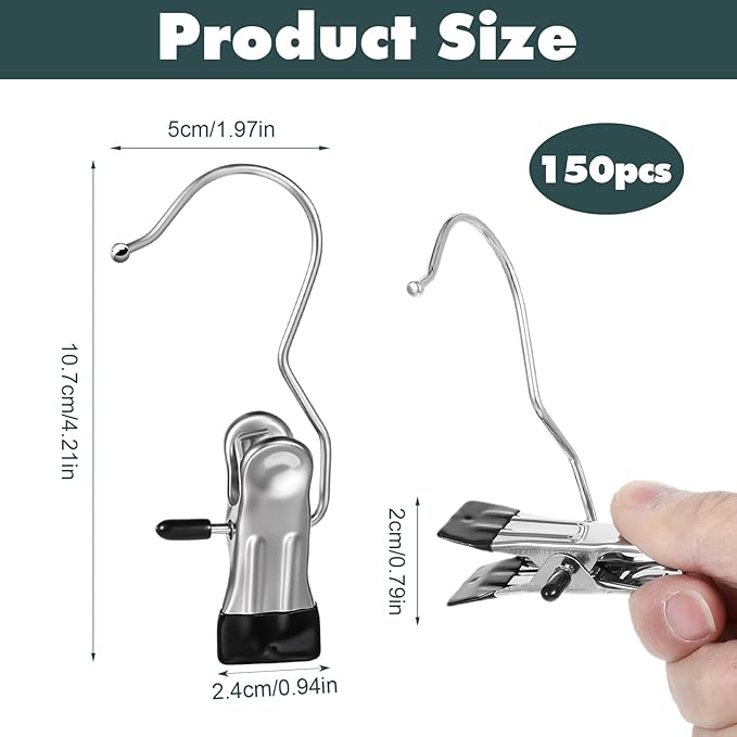 150 Pack Boot Hanger Clips Hooks, Heavy Duty Laundry Hooks with Clip, Portable Stainless Steel Clothes Pins Boot Clips for Hanging, Socks Towels Hats Pants Holder for Travel, Closet (150 Count)