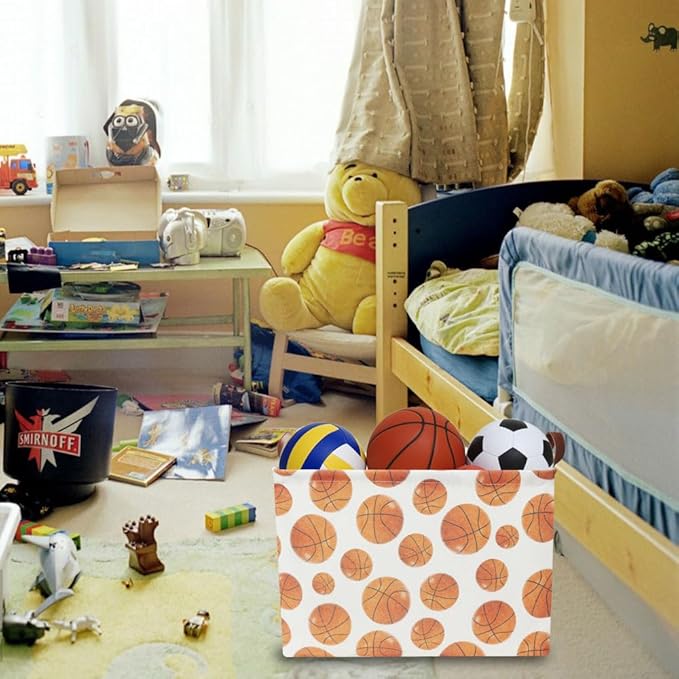 Rectangle Baksetball Print Storage Basket,Kid Toys Bin with Handles,Room Decor,Gift Basket(Basketball)