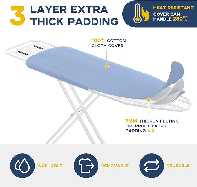 Ironing Board, 43x13 Full Size Iron Board with Iron Rest, Heavy Duty Compact Ironing Board with Thick Cover and Pad, Height Adjustable Sturdy Iron Stand, Blue