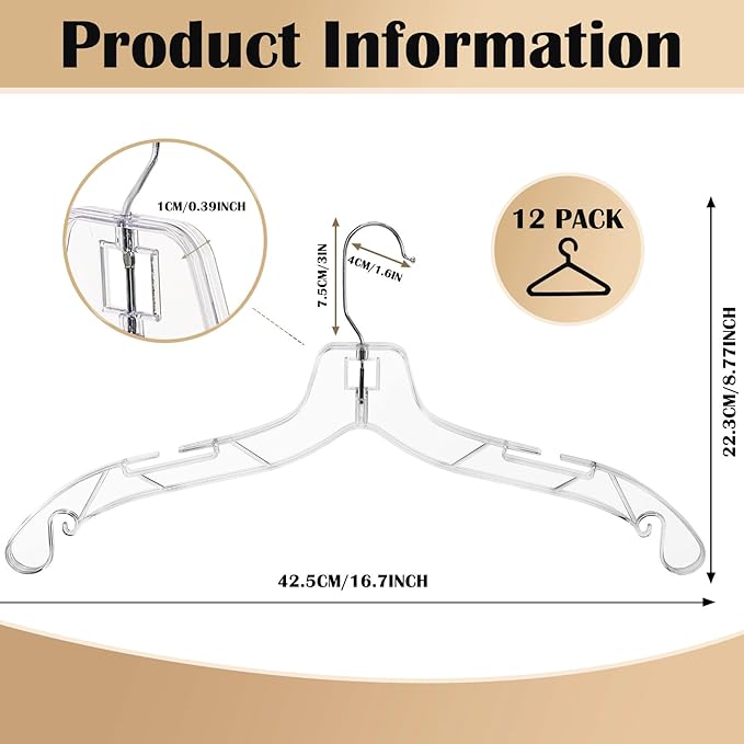 12 Pack Clear Plastic Hangers,Shirt Hanger Clear Hangers with 360 Swivel Metal Hook,Heavy Duty Dress Hangers Coat Hangers for Clothes Shirts Dresses,16.7 Inch