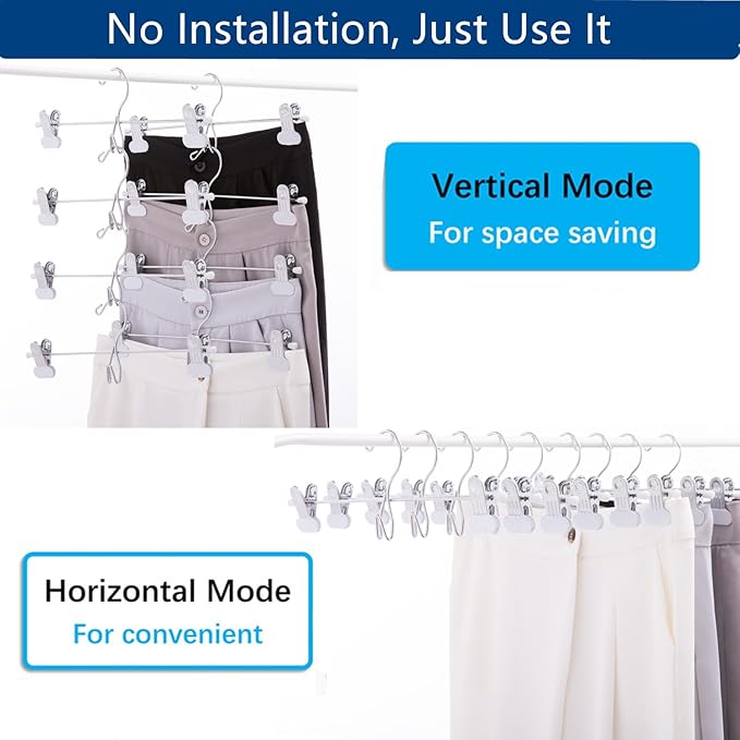 13 Inch White Heavy Duty Add-on Stackable Metal Hanger for Trousers Pants Skirt with Extra Strong Clips Pack of 20