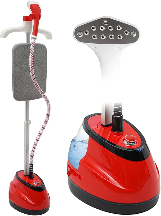 Standing Garment Steamer,Steamer for Clothes,1350W Fabric Steamer Standing Clothes Steamers with Ironing Board, Adjustable Rod & 1.6L/0.42gal Water Tank Wrinkle Remover Heats in 45 Seconds (Red)