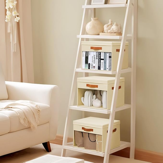 Large Storage Bins with Lids - 3 Pack Foldable Decorative Organizers with Clear Windows & Handles, Cube Storage Organizers for Clothes, Blankets, Sweaters, Sheets, Beige