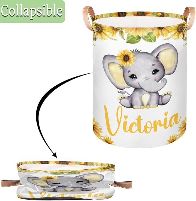 Personalized Laundry Basket, Custom Gift Laundry Hamper, Collapsible Nursery Waterproof Laundry Baskets, Dirty Clothes Toy Hamper with Handles Girl Elephant Sunflower