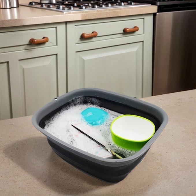 SAMMART 9.45L (2.5 Gallon) Collapsible Tub - Foldable Dish Tub - Portable Washing Basin - Space Saving Plastic Washtub (Grey/Black, M)