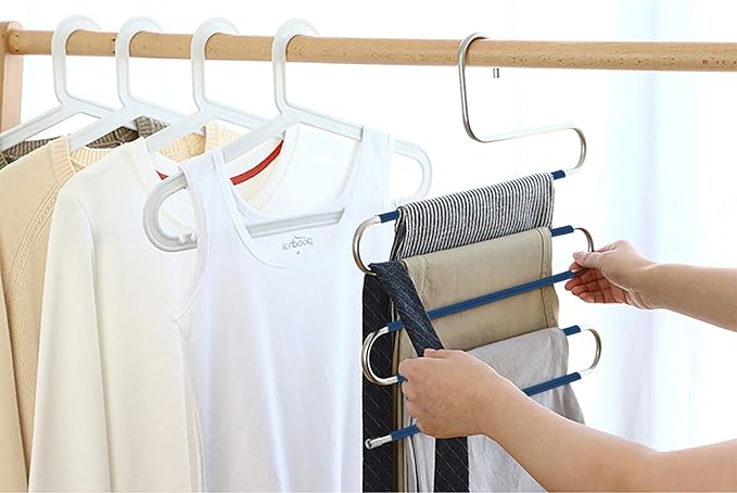 Devesanter Space Saving Non-Slip 6 Pack S-Shape Trousers Hangers - Stainless Steel Closet Storage Organizer for Pants, Jeans & Scarves - Blue