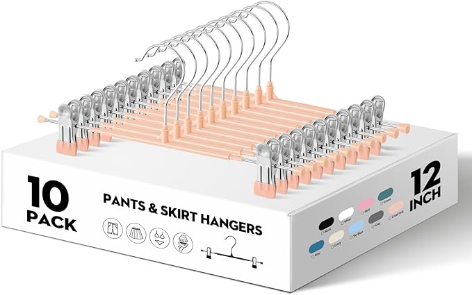 Pants Hangers with Clips 10PACK Adjustable Skirt Hangers for Women Metal Non-Slip Trousers Hanger Heavy Duty Space Saving Clothes Hanger for Shorts,Jeans,12Inch Coral Pink