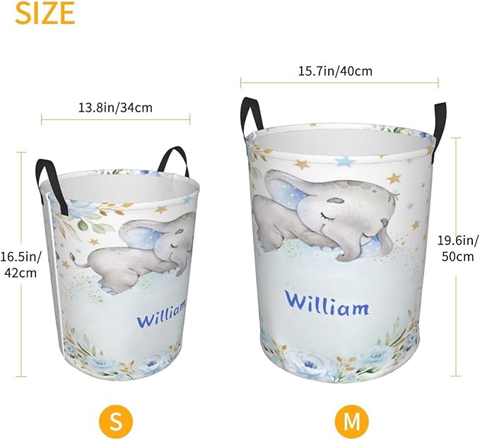 Blue Gold Floral Elephant Personalized Laundry Hamper Custom with Name Collapsible Waterproof Storage Basket with Handles for Bedroom Decor Gift.