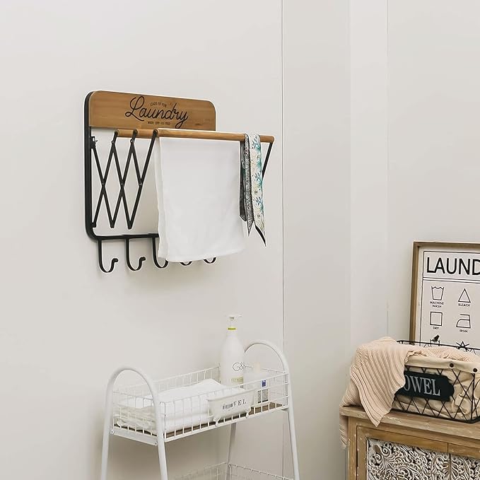 SOFFEE DESIGN Accordion Laundry Rack, Retractable Wall Mounted Racks, 3 Bars & 5 Hooks for Drying Rack Hanging Towels Clothes Save Space Perfect for Laundry Room, Bathroom, Mudroom, Wall Decor