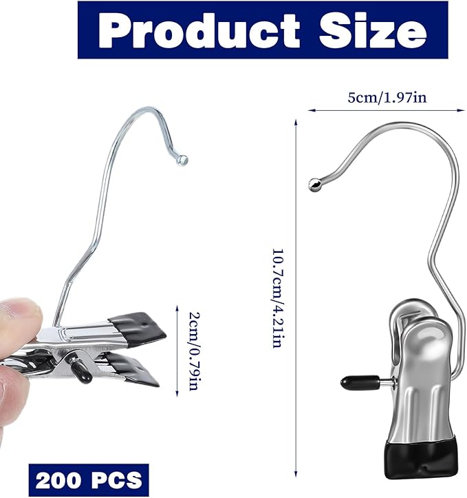200Pcs Boot Hangers Clips, Laundry Hooks, Clothes Pins, Closet Hanger Organizer Clamps, Socks Towel Clips, Heavy Duty Clothespins, Bulk Clothes Hangers for Closet Travel Pants Socks