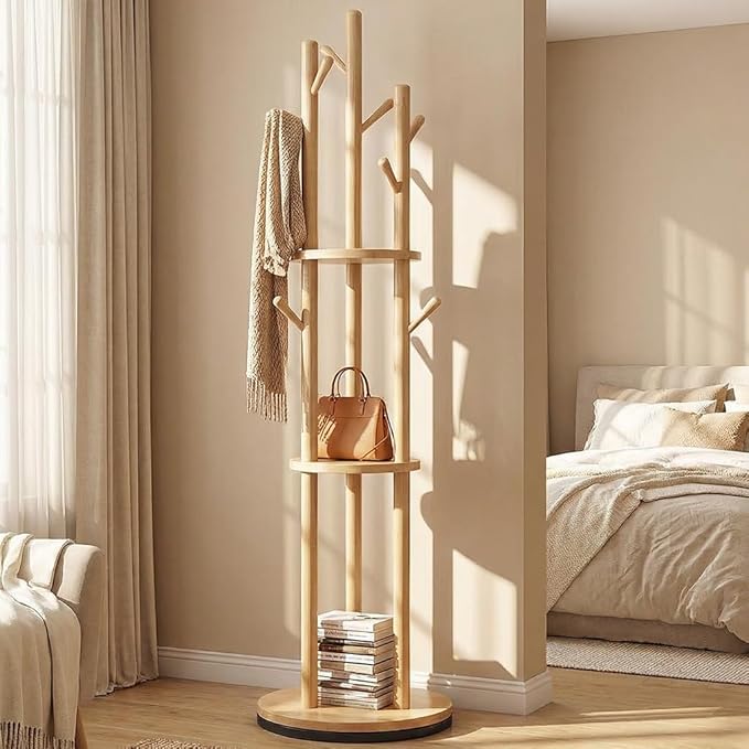 Rotating Solid Wood Coat Rack with 3 Storage Shelves, 360° Swivel Freestanding Entryway Coat Stand,Modern Space-Saving Organizer,Natural Wood