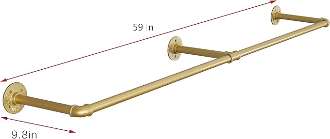 Industrial Pipe Clothing Rack Wall Mounted,Vintage Retail Garment Rack Display Rack Cloths Rack,Metal Commercial Clothes Racks for Hanging Clothes,Iron Clothing Rod Laundry Room (Gold, 59in)