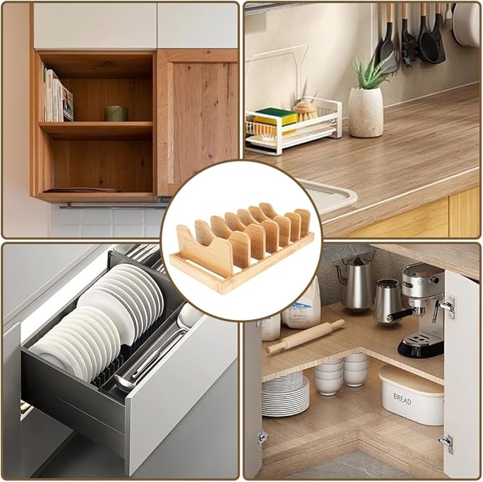Bamboo Pan Pot Lids Organizer with Dish Drying Mats, Kitchen Organizers and Storage with 6 Dividers, Dish Drainer for Kitchen Counter Holder, Ideal for Pots, Cutting Boards, Mats, Cookware