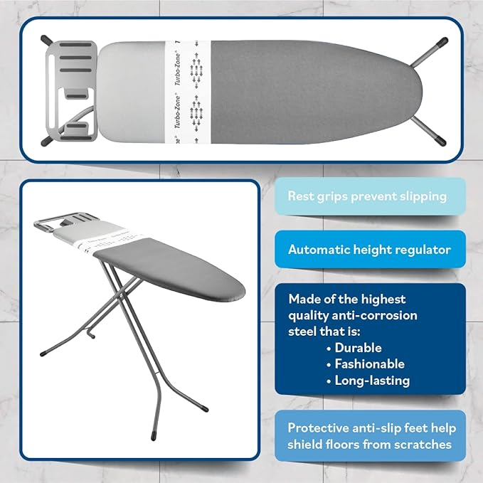 Bartnelli Heavy Duty Ironing Board 48x15 | Designed & Made in Europe with Patent Technology, Turbo & Park Zone, Features: 4 Layer Cover &Pad,Height-Adjustable,4 Premium Steel Legs,Upgraded Iron Rest.