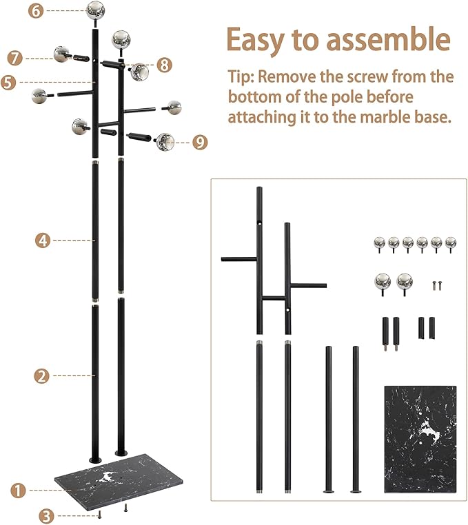 Coat Rack Freestanding with Marble Base, Heavy Duty Metal Clothes Rack, Corner Coat Tree Hat Rack for Entryway Bedroom Living Room Hotel 14.96 x 10.24 x 68.9 Inches (Black)