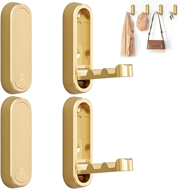 4Pcs Foldable Wall Hooks, Zinc Alloy Folding Hook Gold, Heavy Duty Folding Coat Hooks Wall Mounted for Hanging Coat Towels Bags Keys (Gold, 4 Pack)