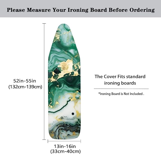 Green Marble Print Ironing Board Cover and Pad 15x54 Inch Standard Size Iron Board Covers Slip-Resistant Hook and Loop Design Fits