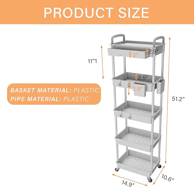 5 Tier Rolling Utility Cart with Drawer,REBECAT Utility Cart Made of Multifunctional Storage Organizer Tool for Kitchen,Bathroom,Living Room,Office(Gray)