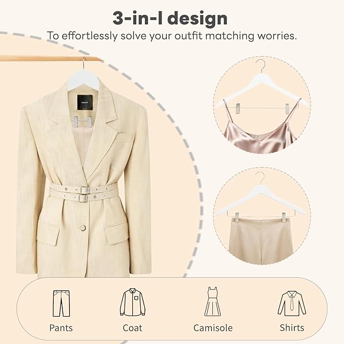 HOUSE DAY Wooden Hangers with Clips 24 Pack, Heavy Duty White Wood Pants Hanger, Premium Skirt Hanger with Adjustable Clips, Solid Clip Hangers for Suit, Blouse, Dress, Coat, Jacket, Bottom
