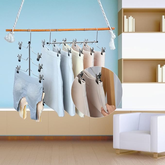4 Pack Metal Pants Skirt Hangers Organizer,5 Tier Space Saving Hangers with Adjustable Non Slip Clips, Heavy Duty 360 Degree Swivel Hook, Gain 80% More Space for Slacks, Trousers, Shorts, Jeans