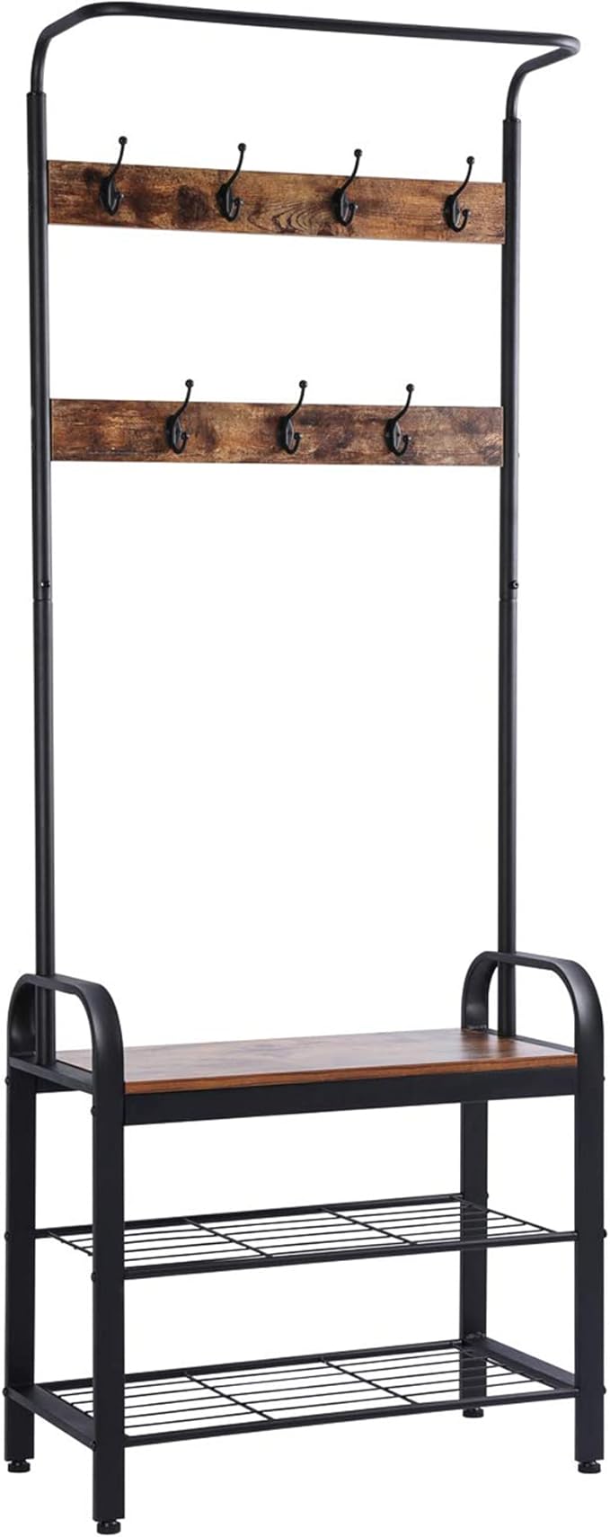 Sunnyglade Vintage Coat Rack Shoe Bench, Hall Tree Entryway Storage Shelf, Wood Look Accent Furniture Metal Frame, 3 in 1 Design, Easy Assembly