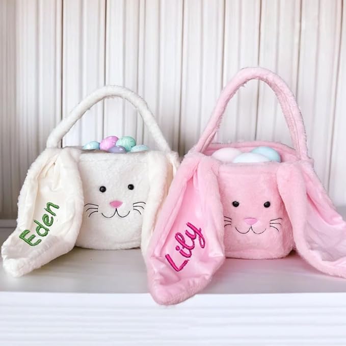 Embroidered Personalized Bunny Bag with Name, Kids Spring Egg Hunt Tote, Baby Boys & Girls Holiday Gift, Custom Monogram Rabbit Carry BaBasket for Easter Egg Hunt