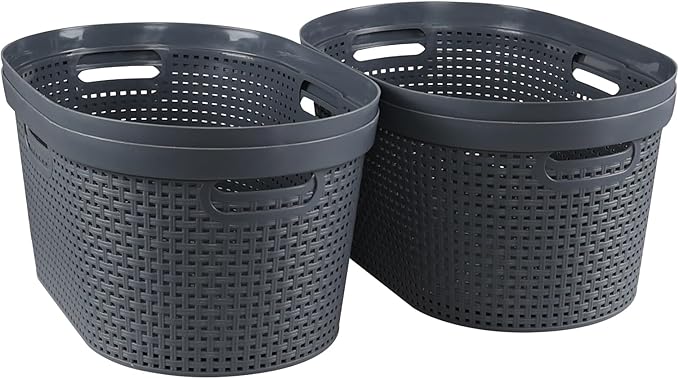Sandmovie 4 Packs Plastic Laundry Baskets, Large Dirty Clothes Hampers with Cutout Handles, Grey, 42 L