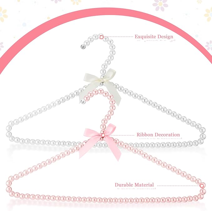 Threan White Pink 12 Pcs Pearl Beaded Clothes Hanger Mini Pearl Beads Small Metal Clothes Hangers with Ribbon Standard for Kids Baby Children Pet Dog