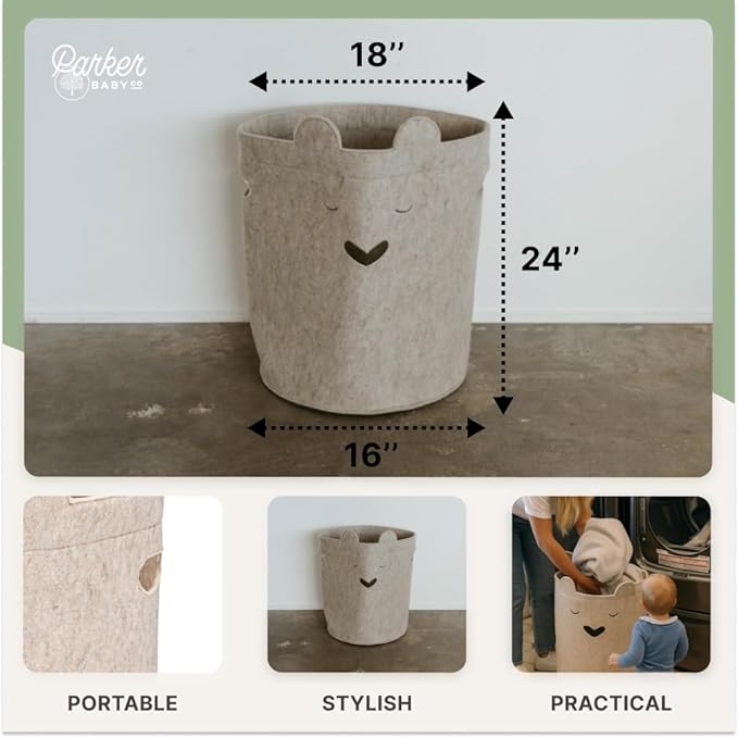 Parker Baby Bear Felt Laundry Hamper | Spacious & Collapsable Storage Basket for Nursery | Lightweight Laundry Hamper Basket with Flexible & Sturdy Handles | Neutral Colors & Fits Any Room