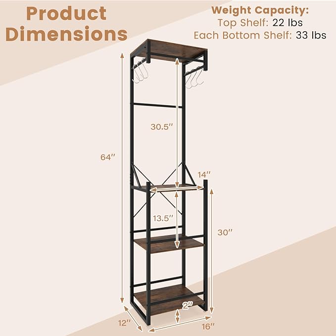 Tangkula Industrial Narrow Coat Rack Freestanding, Slim Hall Tree with 4 Storage Shelves, 6 Hooks & 3 Hanging Rods, Heavy-Duty Metal Clothes Rack Stand Organizer for Entryway, Hallway, Bedroom