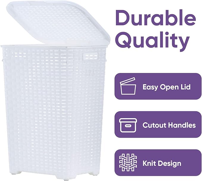 Superio Laundry Hamper with Lid 60 Liter White (2 Pack) Plastic Wicker Large Hampers Basket with Cutout Handles, Deluxe Bin to Storage Dirty Cloths in Washroom Bathroom