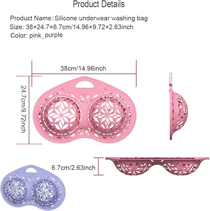 2pcs Bra Washing Bag Silicone Mesh Underwear Laundry Bags,Bra Laundry Bag Fits A-C Cup Bras,Anti Deformation Lingerie Bag for Washer/Dryer Machines (Pink+Purple)