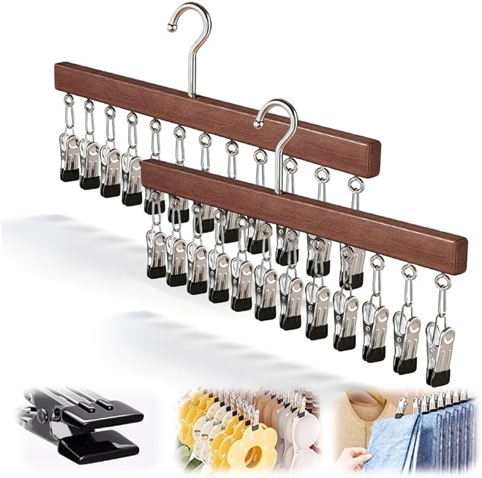 Legging Hangers for Closet, 2026 New Closet Organizer with Clips, 360° Rotating Space Saving Hanging Closet Organizer for Leggings Socks Hats Jeans (Brown-12 Clips, 2PCS)