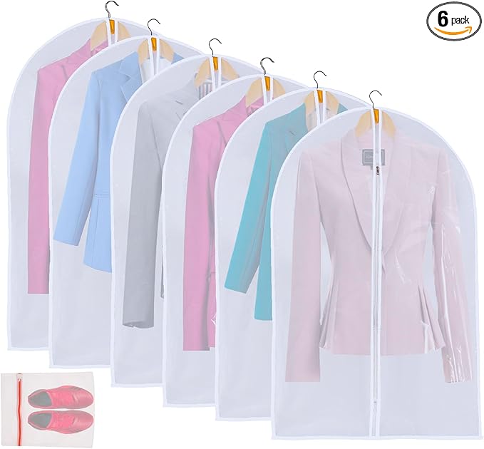 6 Pack Shirt Garment Bags (24x36") - Dustproof Short Suit Covers - Durable PEVA Closet Bags with Sturdy Zipper for Blouses, Jackets, Sweaters & T-Shirts (Translucent)
