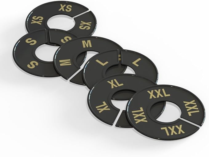 discount sizing- Round Clothing Dividers Size Hanger Rack Dividing 36 Pack 6 Each Size (XS-XXL) - Great for Retail, Boutiques, Personal Closet Storage & Organization(Black with Gold Font)