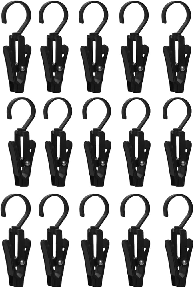 15 PCS Laundry Hooks with Clips，Clothes pins，360° Rotating Hook Clips, Hangers Clip Socks Curtain Towels Bathroom Closet Kitchen Office