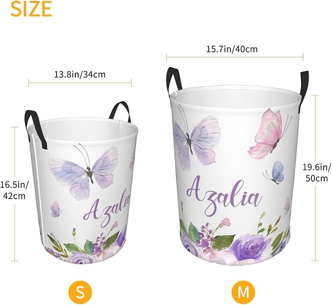 Personalized Laundry Basket for Nursery, Custom Nursery Laundry Hamper with Name, Customize Baby Clothes Circular Hamper for Boys Girls Room Decor, Floral Butterfly Purple