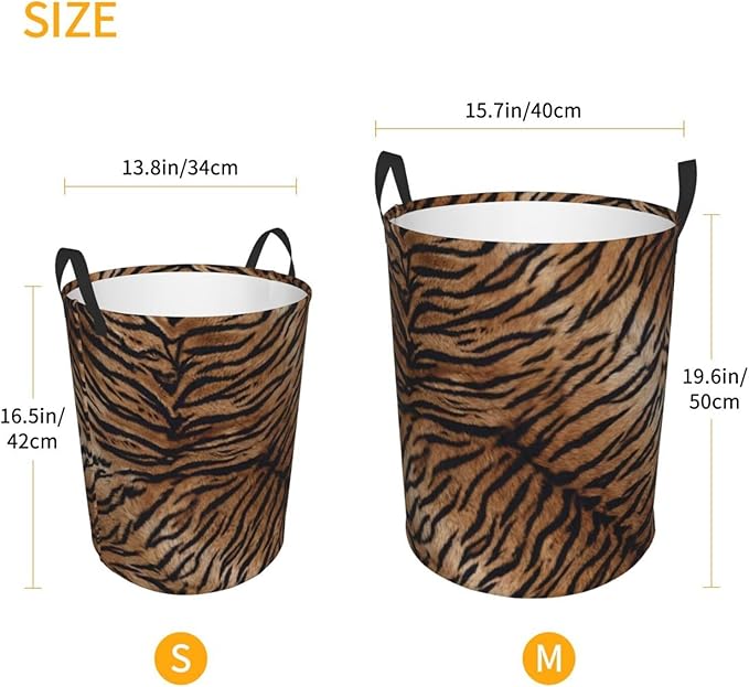 Tiger Texture Round Laundry Hamper Natural Animal Skin Print Storage Basket Toys Clothes Organizer Bin For Home Bathroom Bedroom Dorm Nursery, 62l