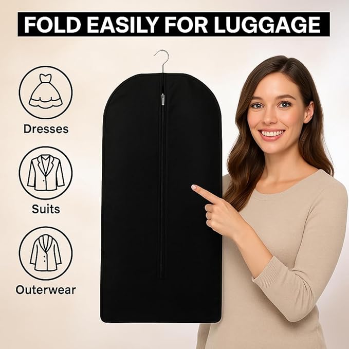 24 x 62 Inches Long Black Cotton Garment Bag | Front Zipper Cover garment bags | Dust Proof Closet Organizer, Easy Travel Storage Bag, Garment Protector for Dress and Suit