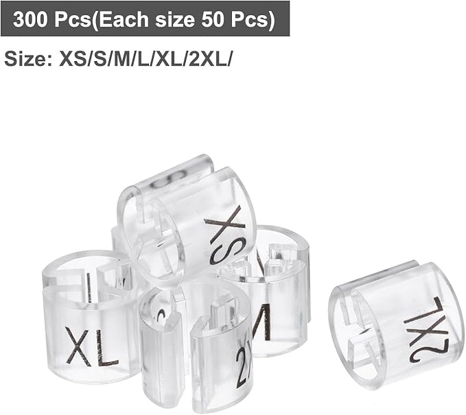 MECCANIXITY Clothes Hanger Marker XS/S/M/L/XL/2XL Size Tag Fit 3mm Rod Transparent for Garment Clothing Color Coding, 300Pcs