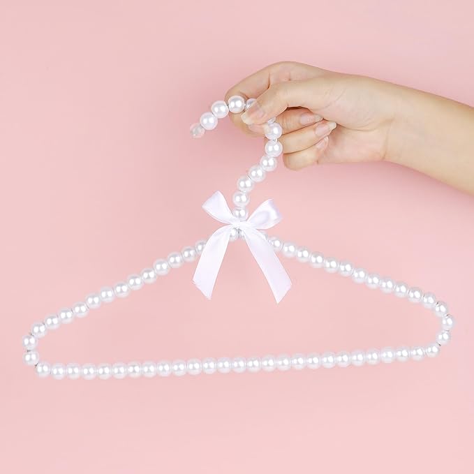 10-Pack Kids Pearl Hangers - Small Non-Slip Pearl Beaded Bow Clothes Racks - Elegant Garment Organizer for Pet Apparel (30cm, White)