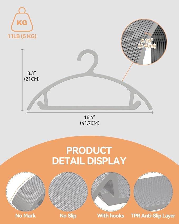 50 Pack Clothes Hangers, Non Slip Heavy Duty Plastic Hangers, Space Saving All-in-One Garment Hangers for Dresses Suits Jeans Knits, Hold Up to 11 LB Dry & Wet, 16.4" x 8.3", Gray, UAPY0850G