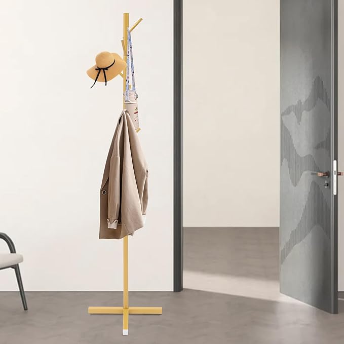 TFCFL Gold Metal Coat Rack Stand with 7 Hooks, Freestanding for Coats, Clothes, Hats, Shoes, Umbrella, Purse - 20 in 1