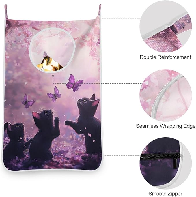 Hanging Laundry Hamper with Stainless Steel Hooks,Oxford Fabric Printing Door Laundry Clothes Bag, 29.5X20inch 1PCS Cherry Blossom Black Cats and Butterfly