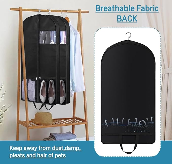 KIMBORA 43" Suit Bags for Closet Storage and Travel, Gusseted Mesh Hanging Garment Bags for Men Suit Cover With Handle for Clothes, Coats, Jackets, Shirts（3 Packs，Black）