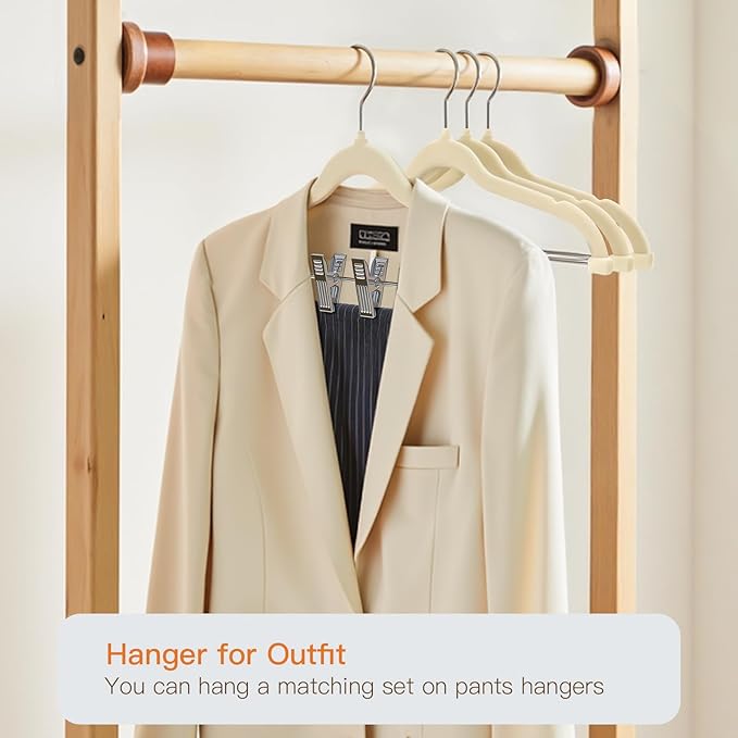 Flottian 24 Pack Beige Velvet Pants Hanger,Velvet Hangers with Clips Adjustable,Space-Saving Slim Flocked Hanger,Heavy Duty Non Slip Hangers for Skirts,Coats,Pants,Dress