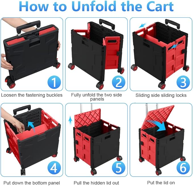 Foldable Shopping Utility Cart Portable Rolling Crate Handcart with 360°Rotate Wheel,Hidden Lid,Telescoping Handle Collapsible for Travel Shopping Moving Storage Office Use(Black/Red)