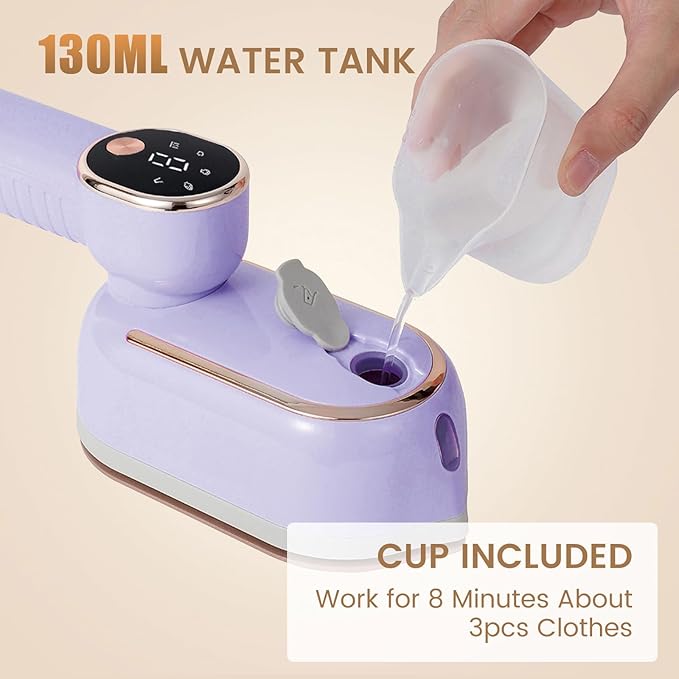 Portable Clothing Steamer, 1000W Clothing Wrinkle Remover, 3+1 Steam Adjustment Multifunctional Hanging Iron with LED Digital Display Screen, 130ml, with Water Shortage Warning, Safe Use (Purple)